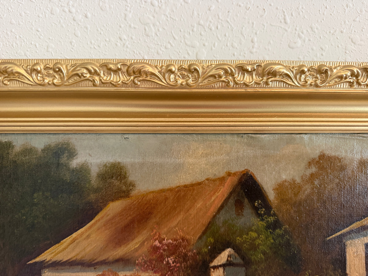 Antique Oil Painting on canvas Cows Farm Landscape Pastoral Scene Signed Framed
