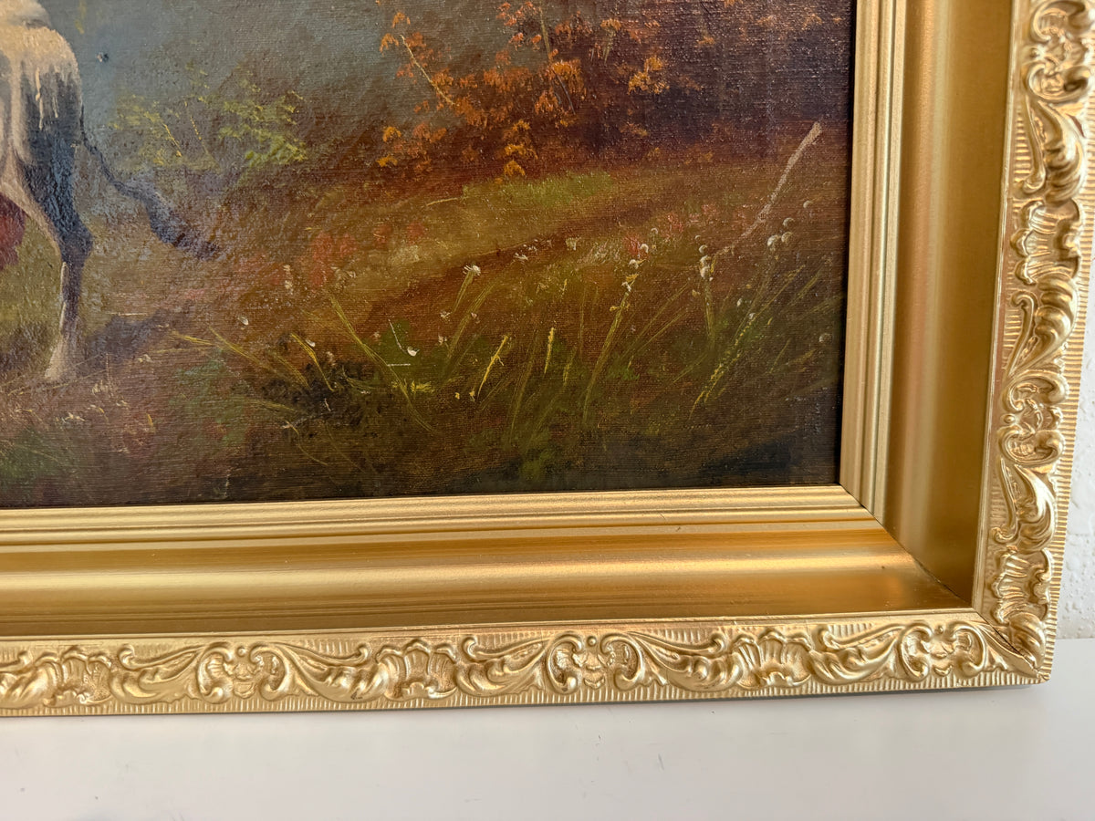 Antique Oil Painting on canvas Cows Farm Landscape Pastoral Scene Signed Framed