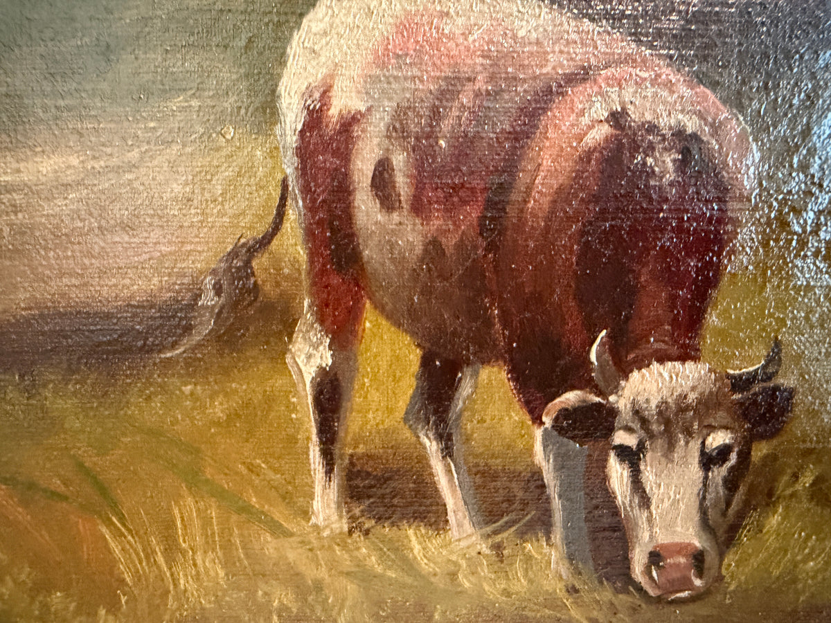 Antique Oil Painting on canvas Cows Farm Landscape Pastoral Scene Signed Framed