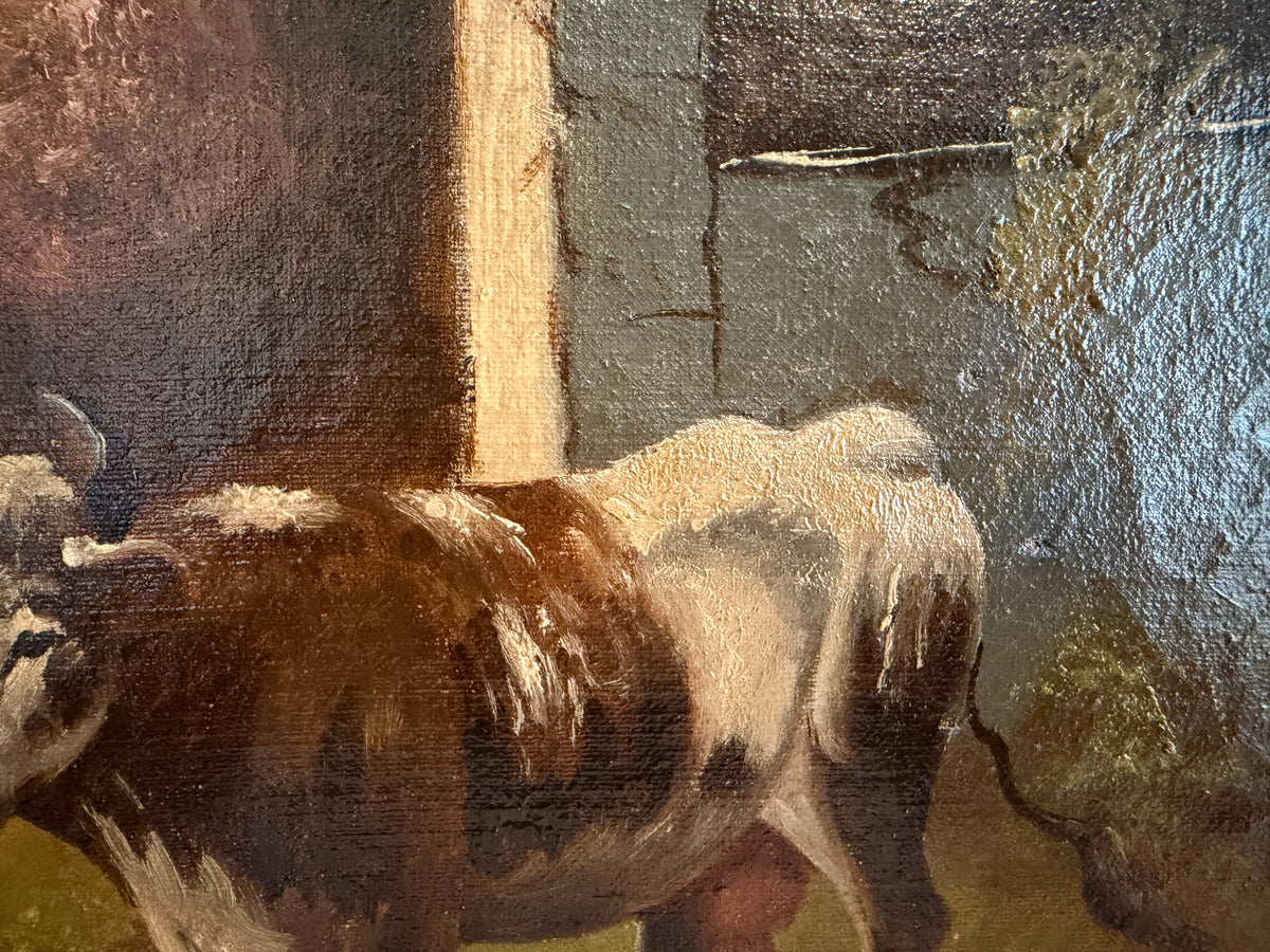 Antique Oil Painting on canvas Cows Farm Landscape Pastoral Scene Signed Framed