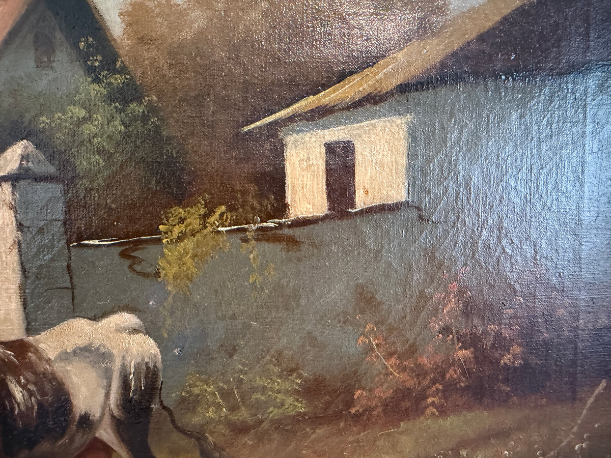 Antique Oil Painting on canvas Cows Farm Landscape Pastoral Scene Signed Framed