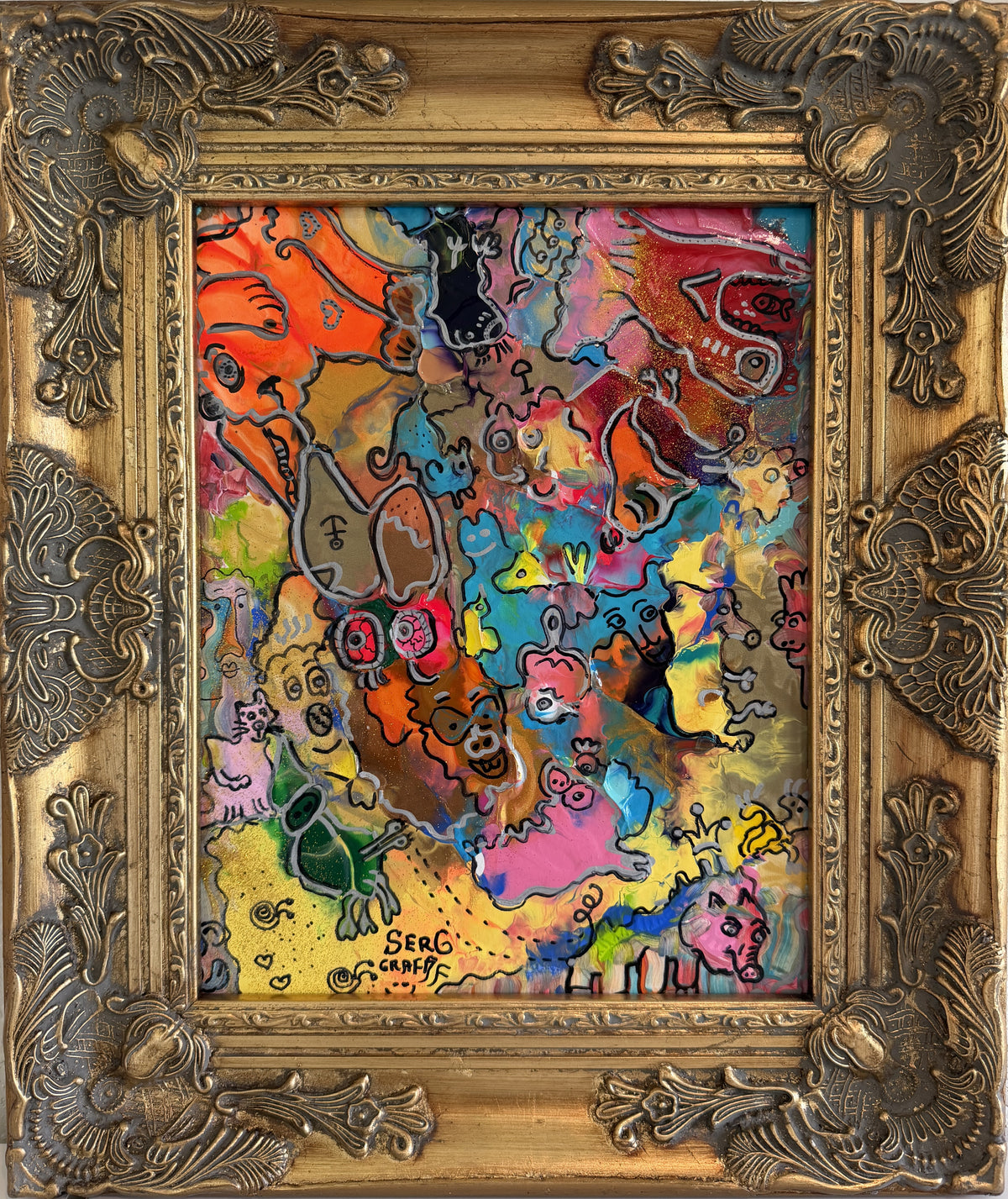 Original Abstract Painting Serg Graff "Piggy's Wild Party" Surreal Fantasy, COA