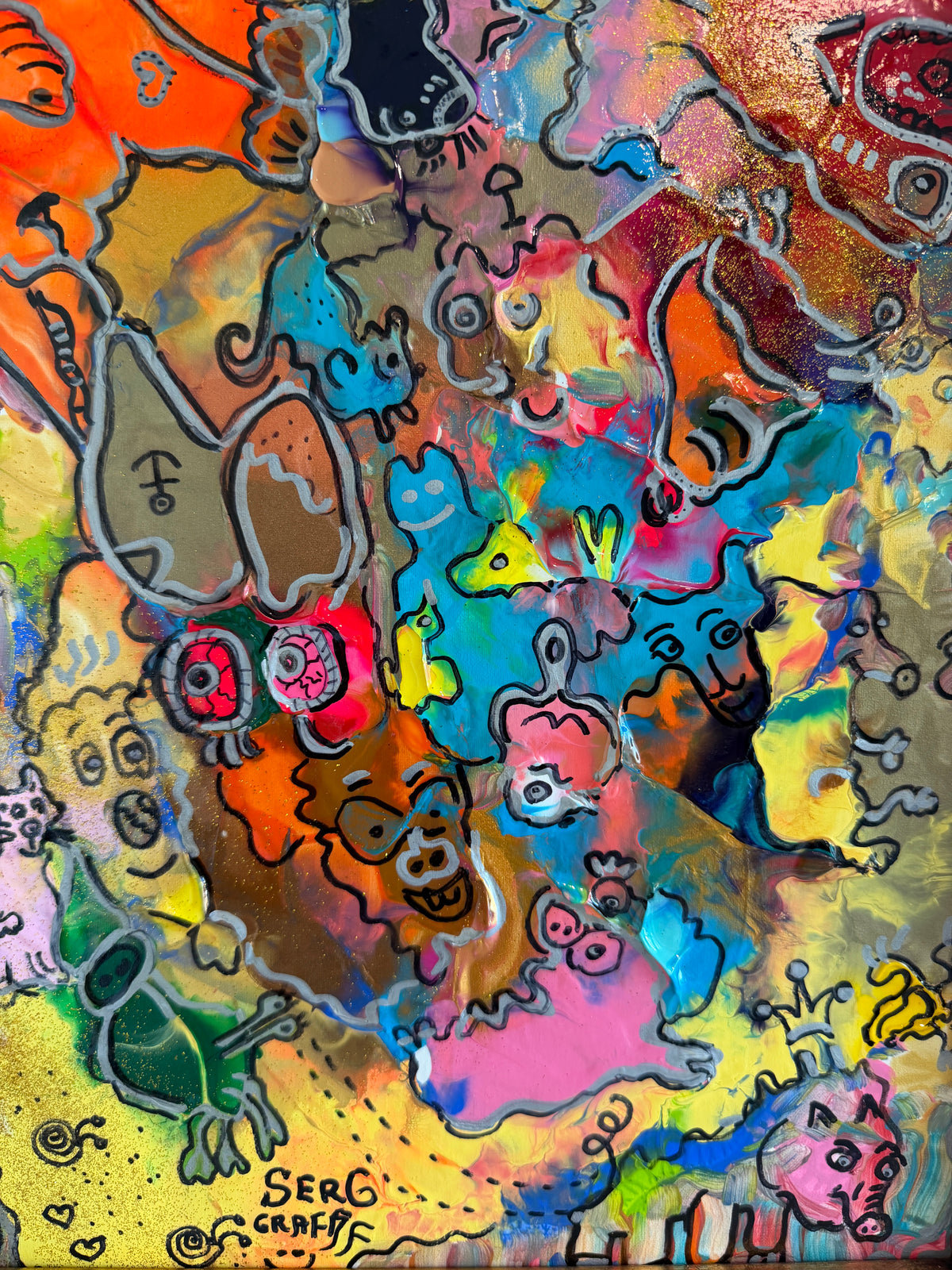 Original Abstract Painting Serg Graff "Piggy's Wild Party" Surreal Fantasy, COA