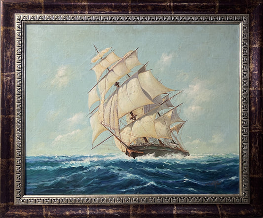 H.Ruel Vintage Original oil painting on canvas, Sailing Ship, Seascape, Framed