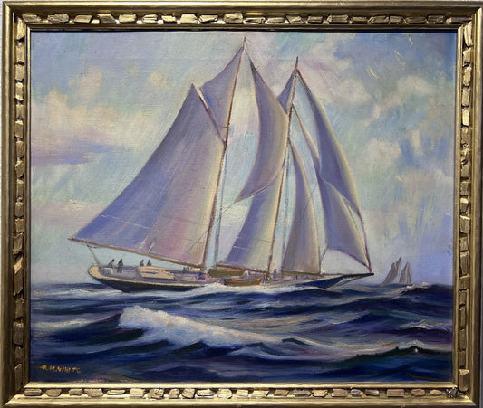 R.M. WHITE Vintage Oil painting on canvas Seascape, Sailing Ship in the ocean