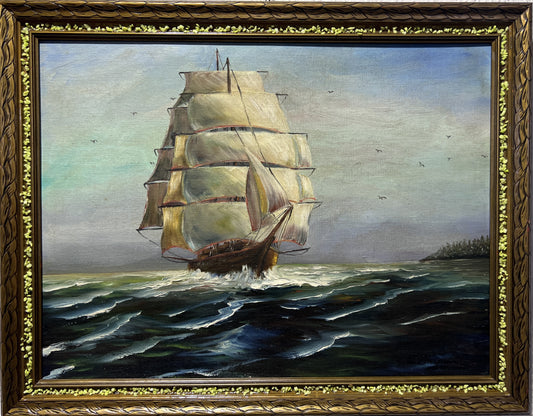 Vintage Original Oil painting on canvas Seascape, Sailing Ship in the ocean