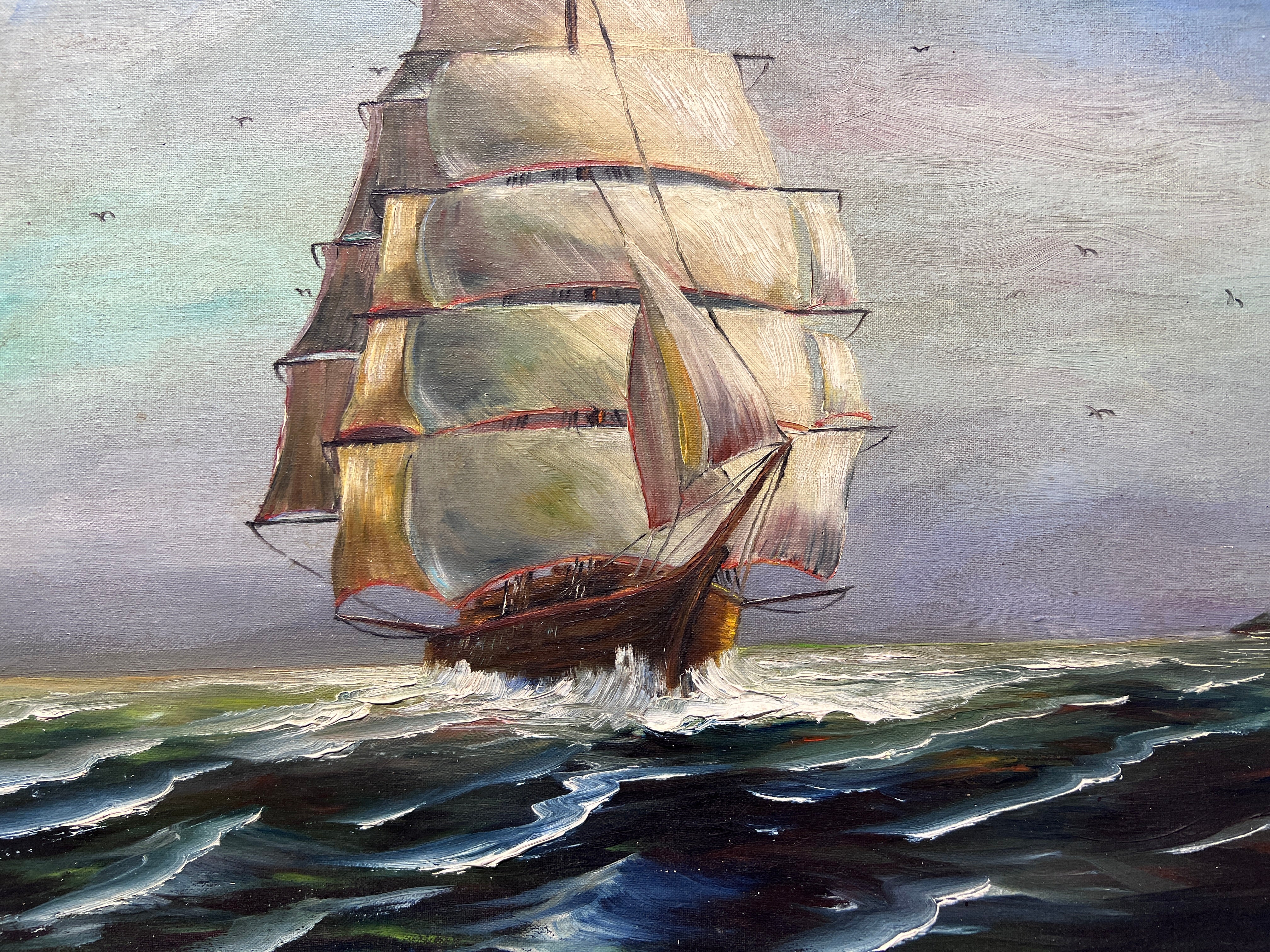 Original Vintage Oil painting sold on canvas, seascape, Sailing Ship, signed Robinson