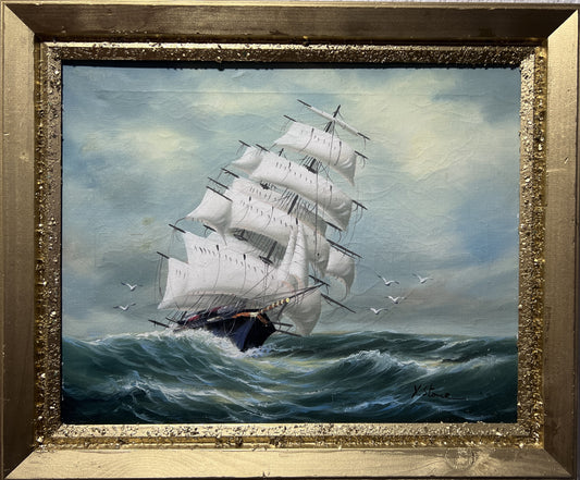 Y. Stone Original Oil painting on canvas Seascape, Sailing Ship in the ocean