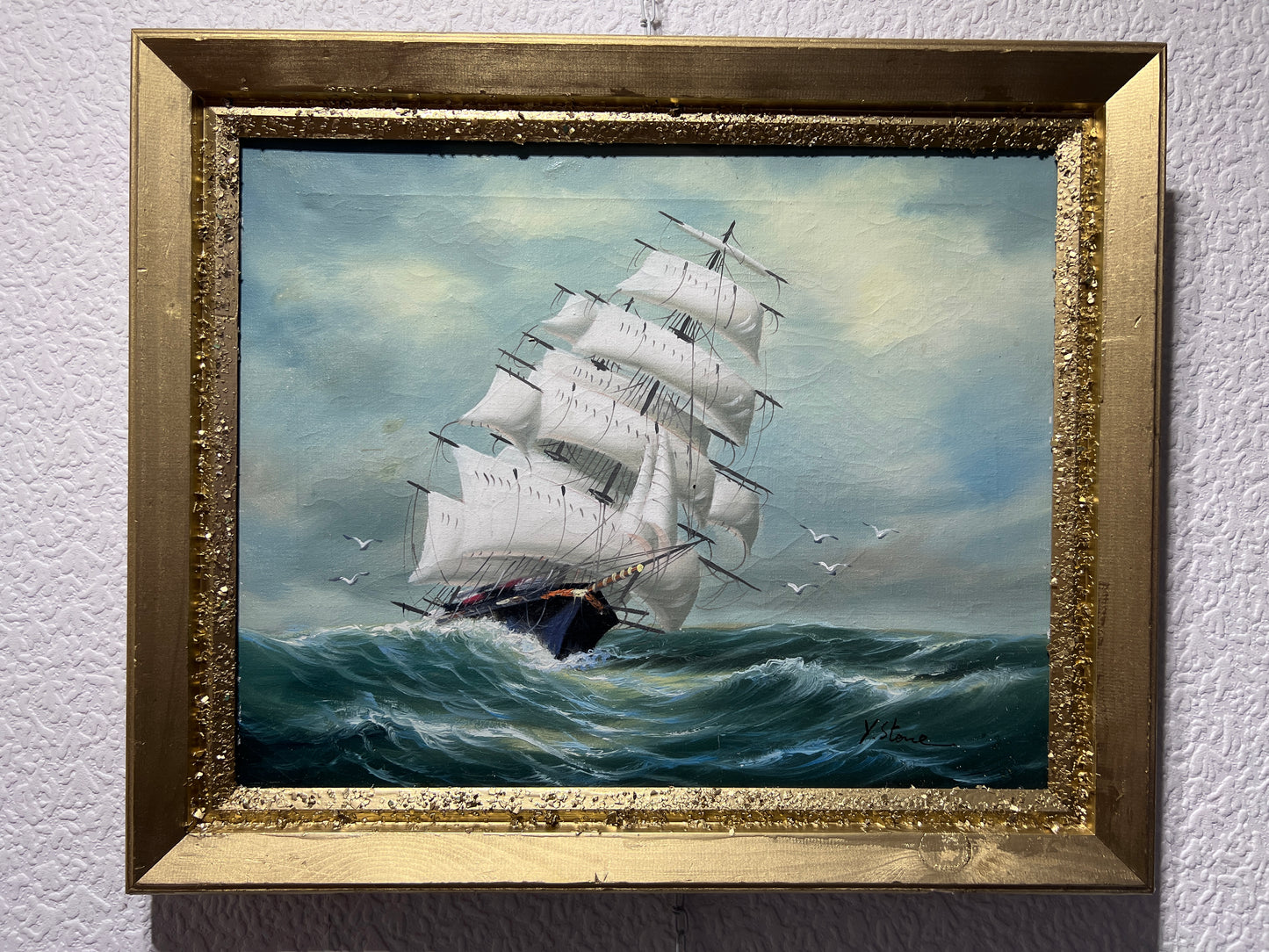 Y. Stone Original Oil painting on canvas Seascape, Sailing Ship in the ocean