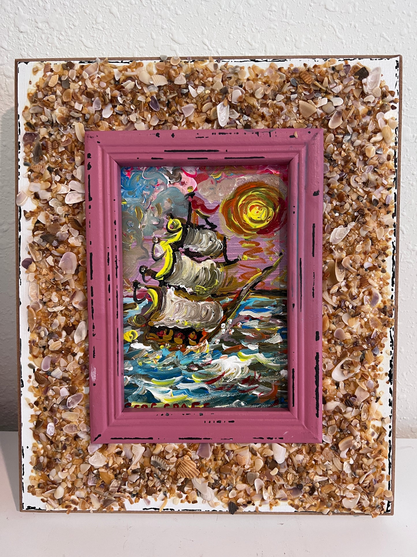 Serg Graff Original "Yelmar" Acrylic Ship Painting | Seashell Frame Coastal Art
