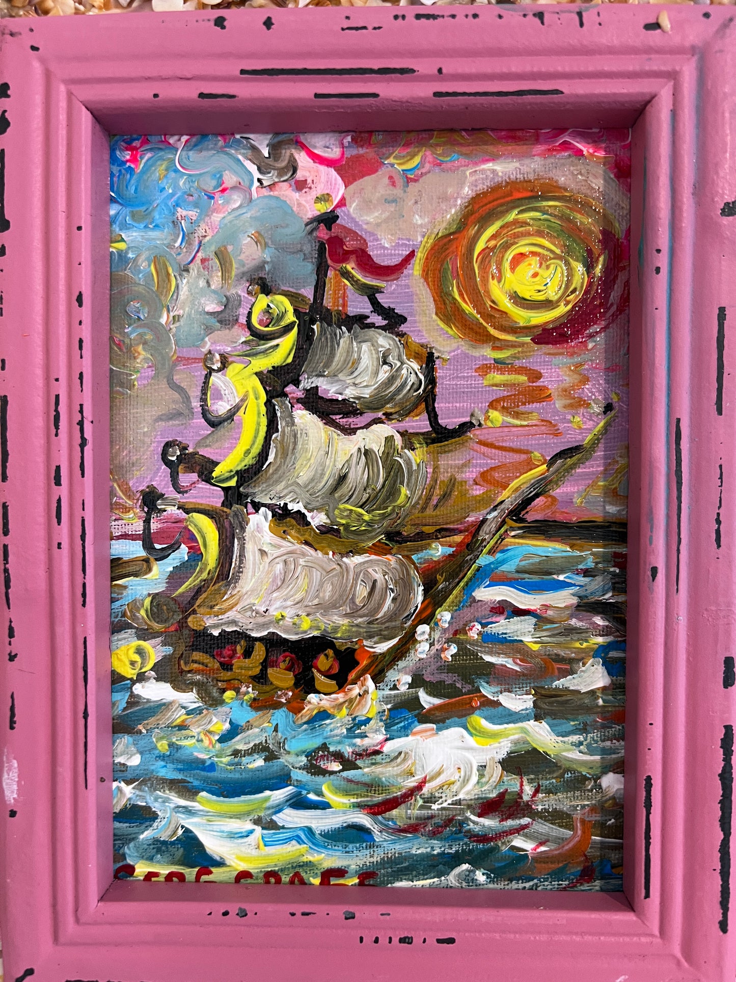 Serg Graff Original "Yelmar" Acrylic Ship Painting | Seashell Frame Coastal Art