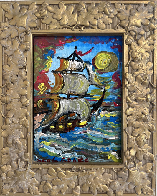 Serg Graff Original “Brigel” Acrylic Ship Painting | Gold Leaf Frame | Nautical