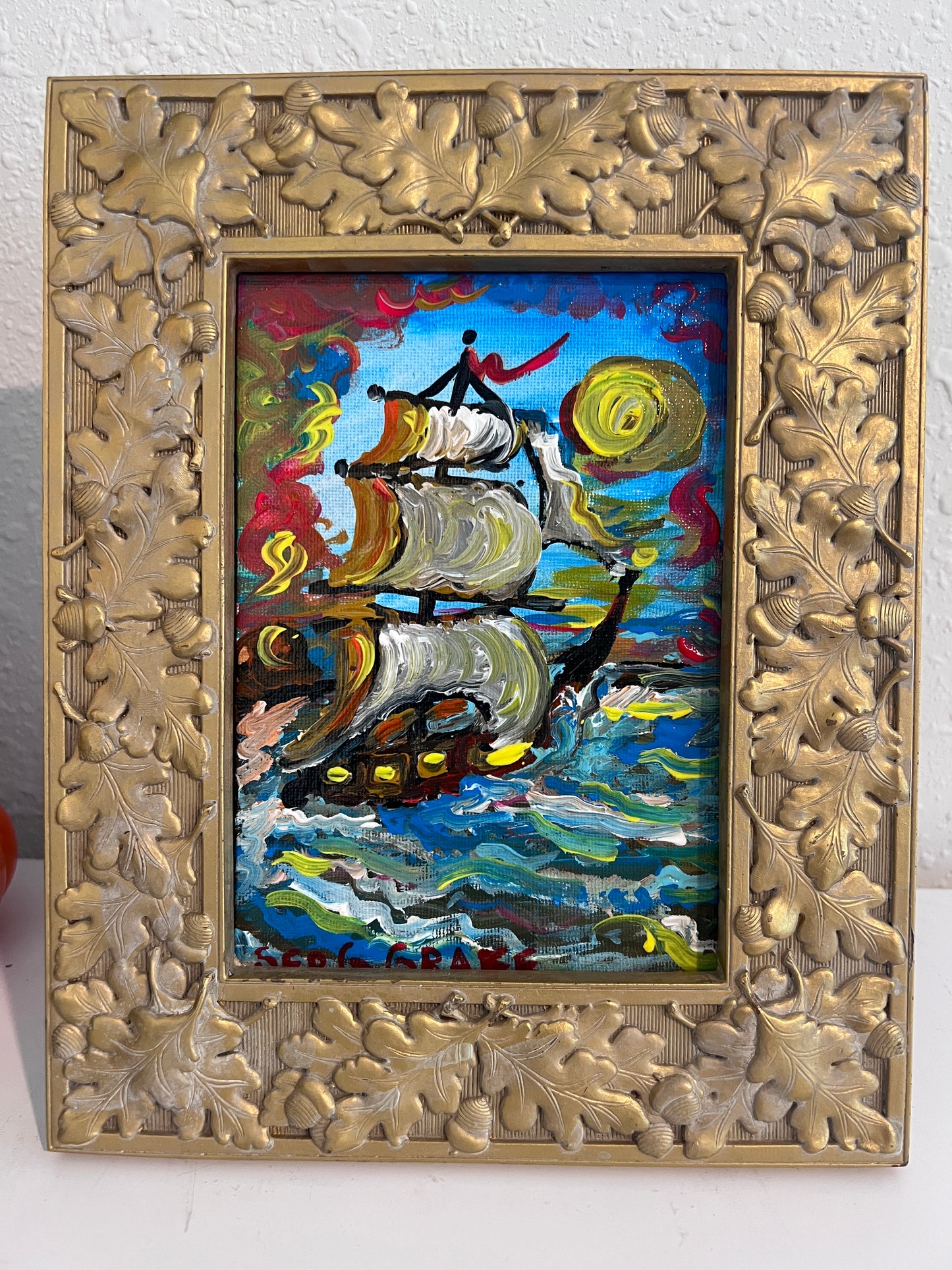 Serg Graff Original “Brigel” Acrylic Ship Painting | Gold Leaf Frame | Nautical