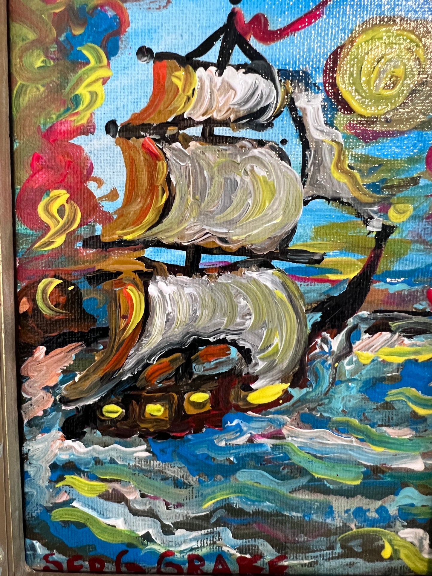 Serg Graff Original “Brigel” Acrylic Ship Painting | Gold Leaf Frame | Nautical