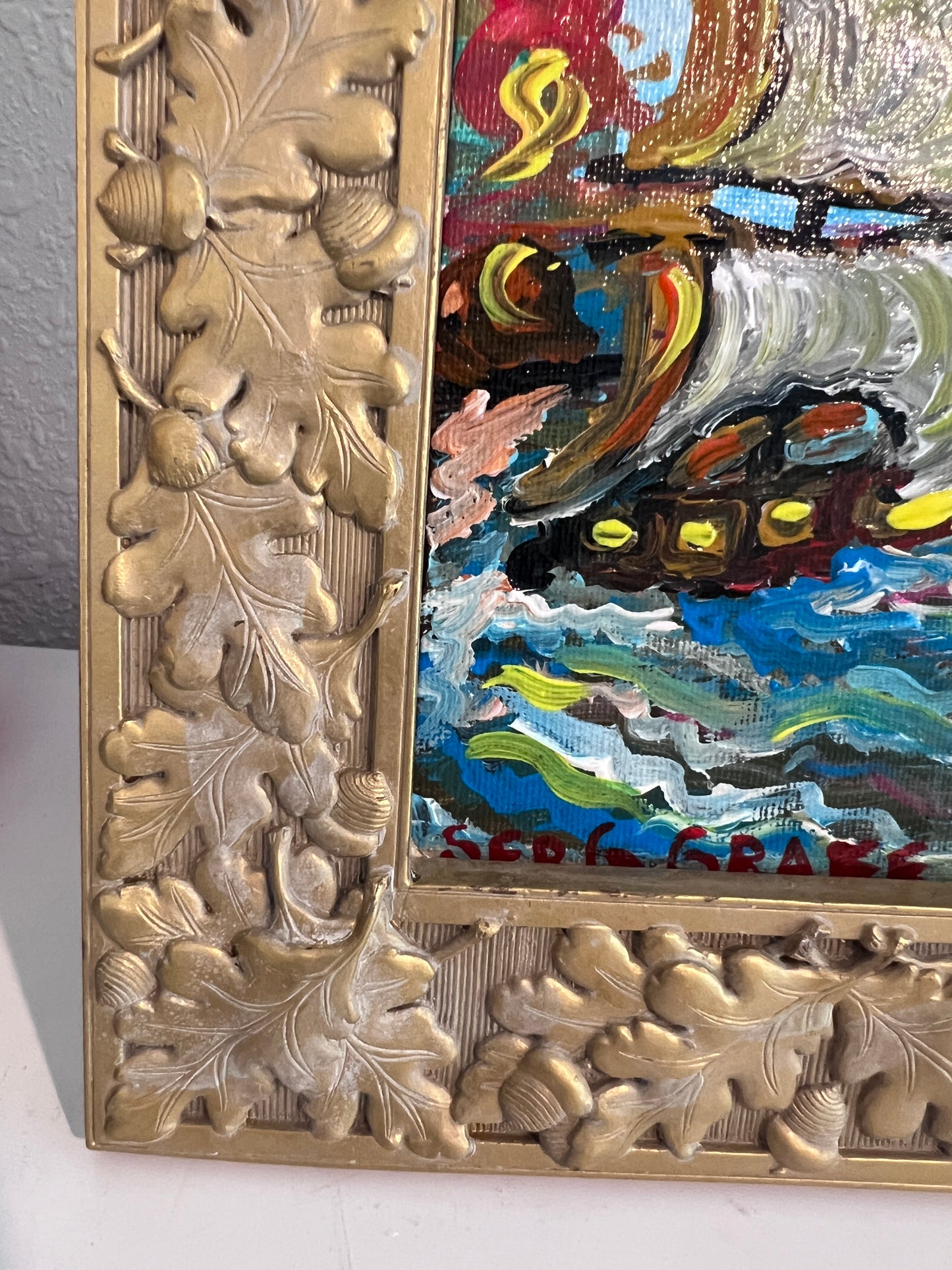 Serg Graff Original “Brigel” Acrylic Ship Painting | Gold Leaf Frame | Nautical