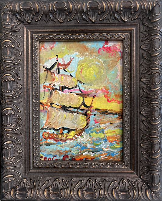Serg Graff Original “Zephura” Acrylic Ship Painting | Dark Gold Frame | Nautical