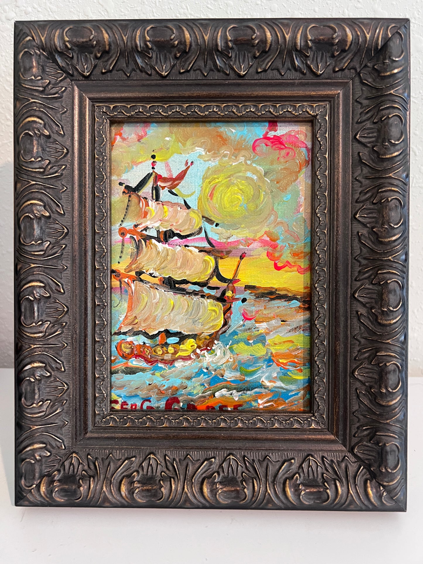 Serg Graff Original “Zephura” Acrylic Ship Painting | Dark Gold Frame | Nautical