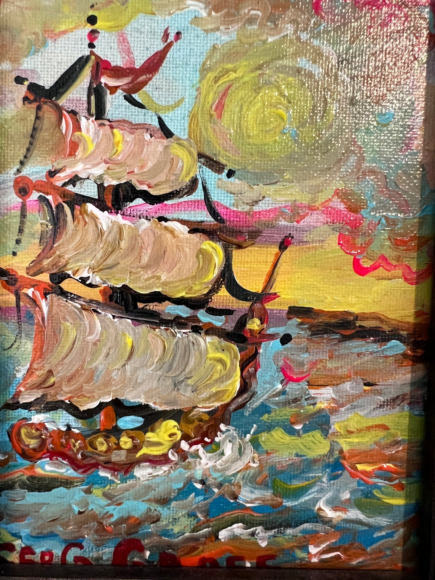 Serg Graff Original “Zephura” Acrylic Ship Painting | Dark Gold Frame | Nautical