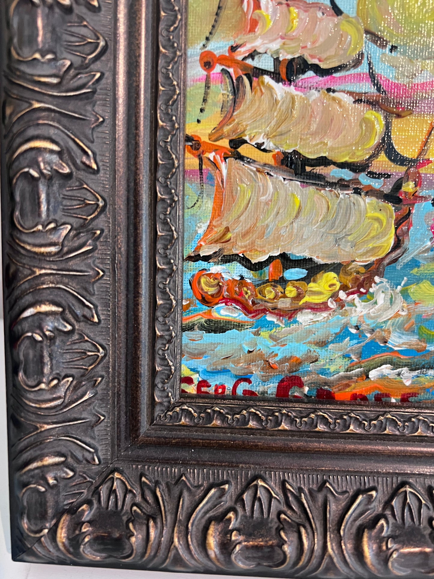 Serg Graff Original “Zephura” Acrylic Ship Painting | Dark Gold Frame | Nautical