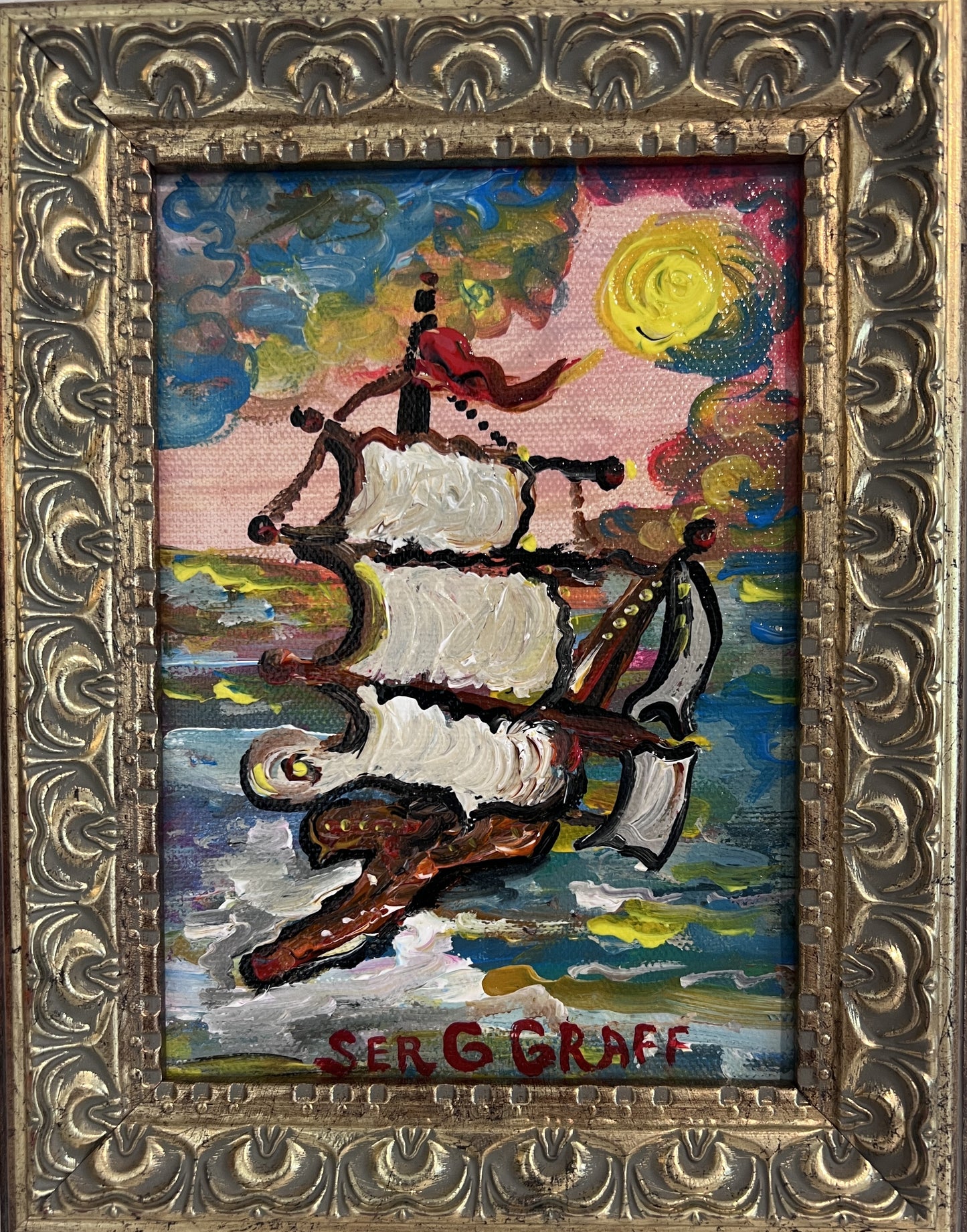Serg Graff Original “Eldoria” Ship Painting | Gold Ornate Frame | Nautical