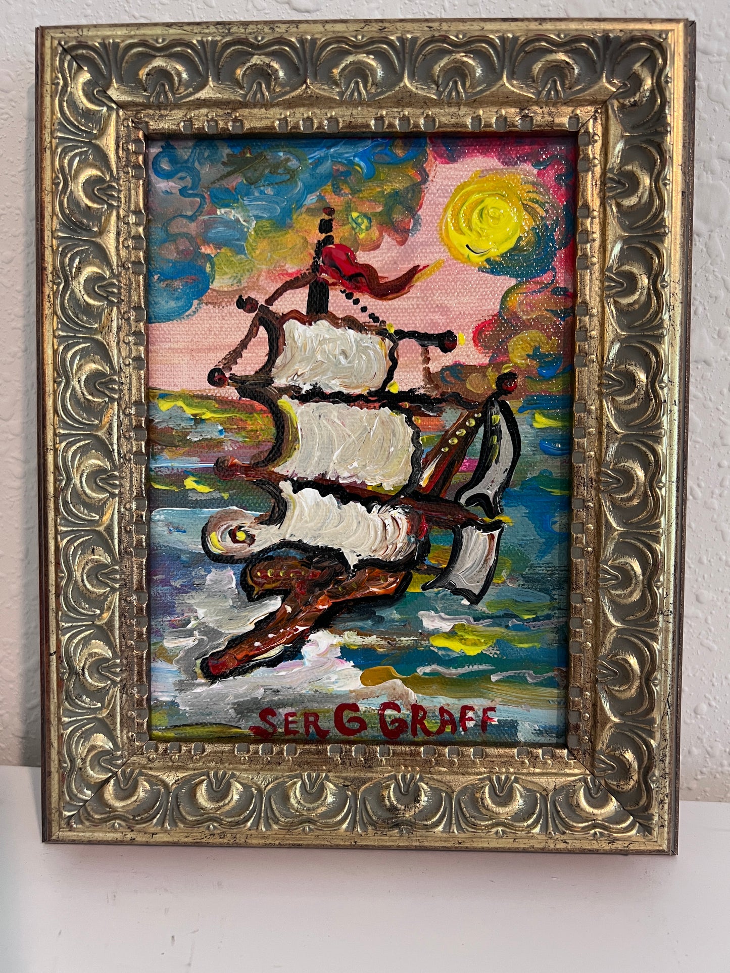 Serg Graff Original “Eldoria” Ship Painting | Gold Ornate Frame | Nautical