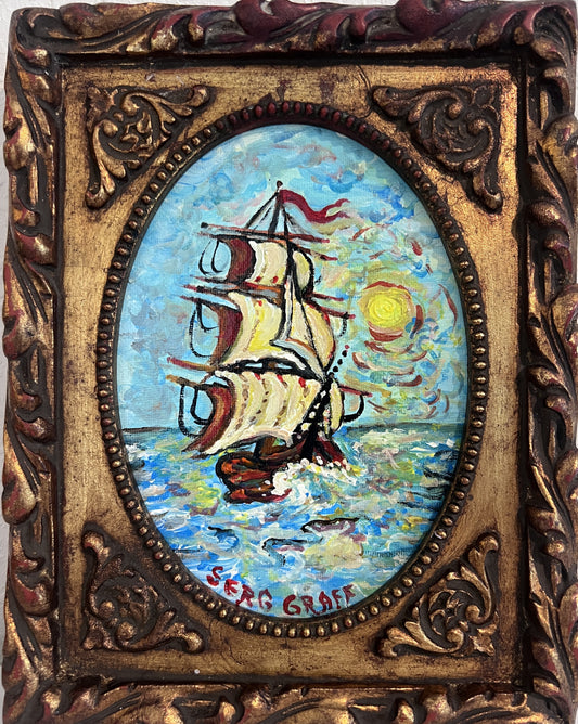 Serg Graff Original “Maris” Ship Painting | Gold Ornate Frame | Nautical