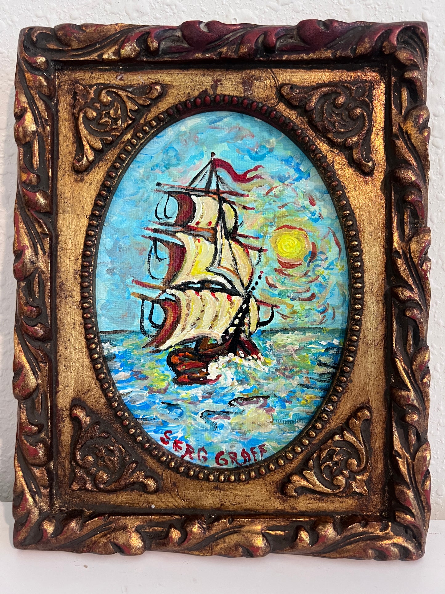 Serg Graff Original “Maris” Ship Painting | Gold Ornate Frame | Nautical