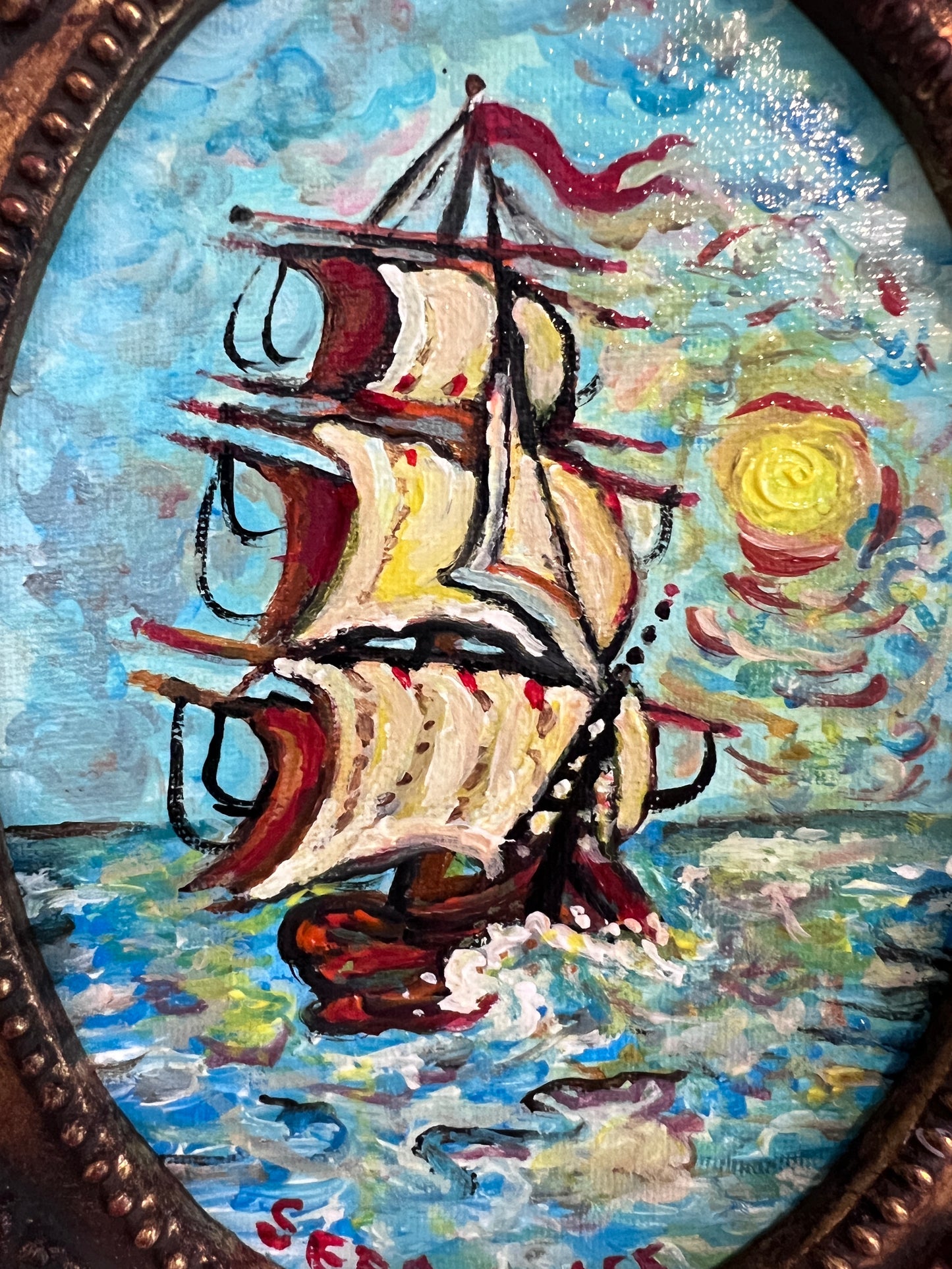 Serg Graff Original “Maris” Ship Painting | Gold Ornate Frame | Nautical