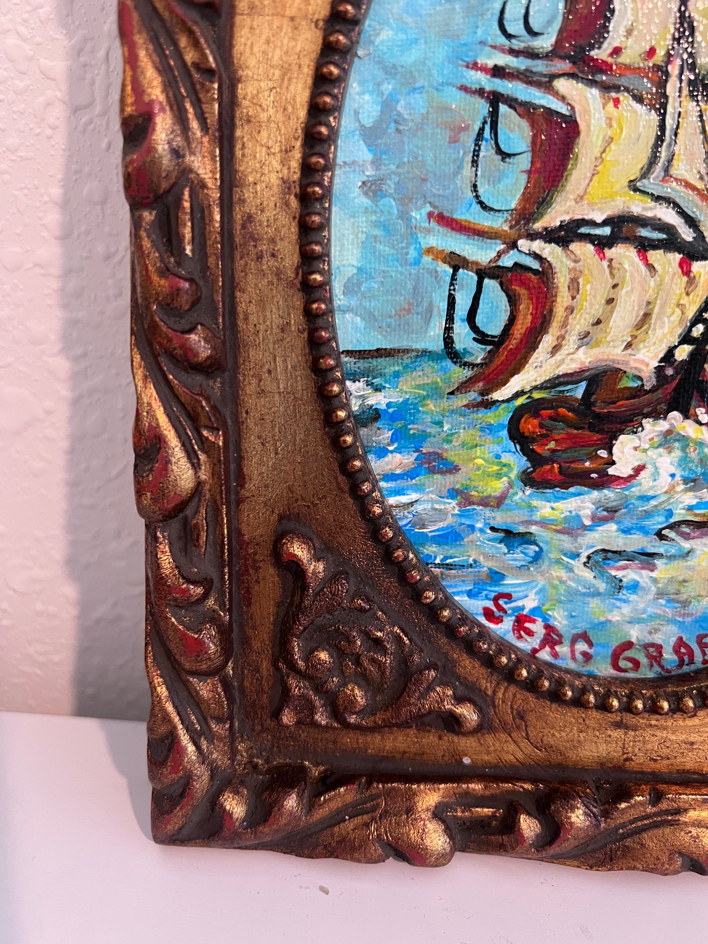 Serg Graff Original “Maris” Ship Painting | Gold Ornate Frame | Nautical