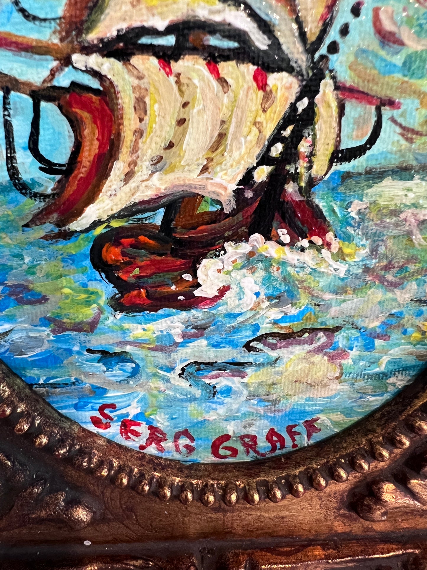 Serg Graff Original “Maris” Ship Painting | Gold Ornate Frame | Nautical