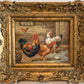 Vintage Signed Rooster and Chickens Oil Painting Farmyard Hen Scene, Gold Frame