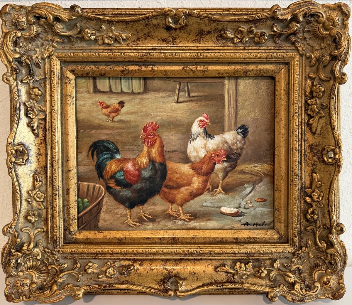 Vintage Signed Rooster and Chickens Oil Painting Farmyard Hen Scene, Gold Frame