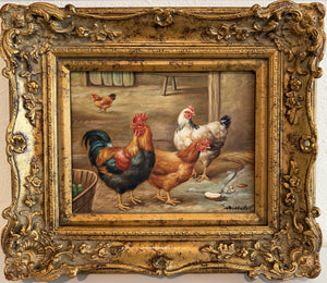 Vintage Signed Rooster and Chickens Oil Painting Farmyard Hen Scene, Gold Frame