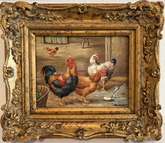 Vintage Signed Rooster and Chickens Oil Painting Farmyard Hen Scene, Gold Frame