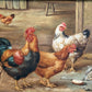 Vintage Signed Rooster and Chickens Oil Painting Farmyard Hen Scene, Gold Frame