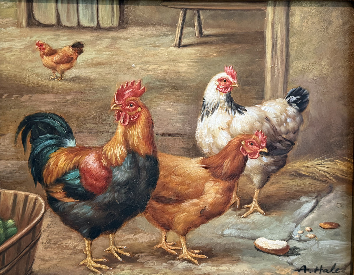 Vintage Signed Rooster and Chickens Oil Painting Farmyard Hen Scene, Gold Frame