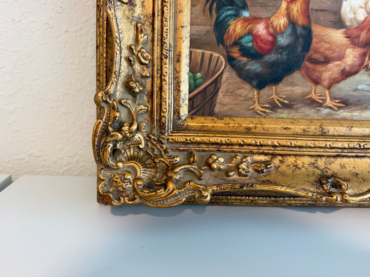 Vintage Signed Rooster and Chickens Oil Painting Farmyard Hen Scene, Gold Frame