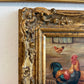 Vintage Signed Rooster and Chickens Oil Painting Farmyard Hen Scene, Gold Frame