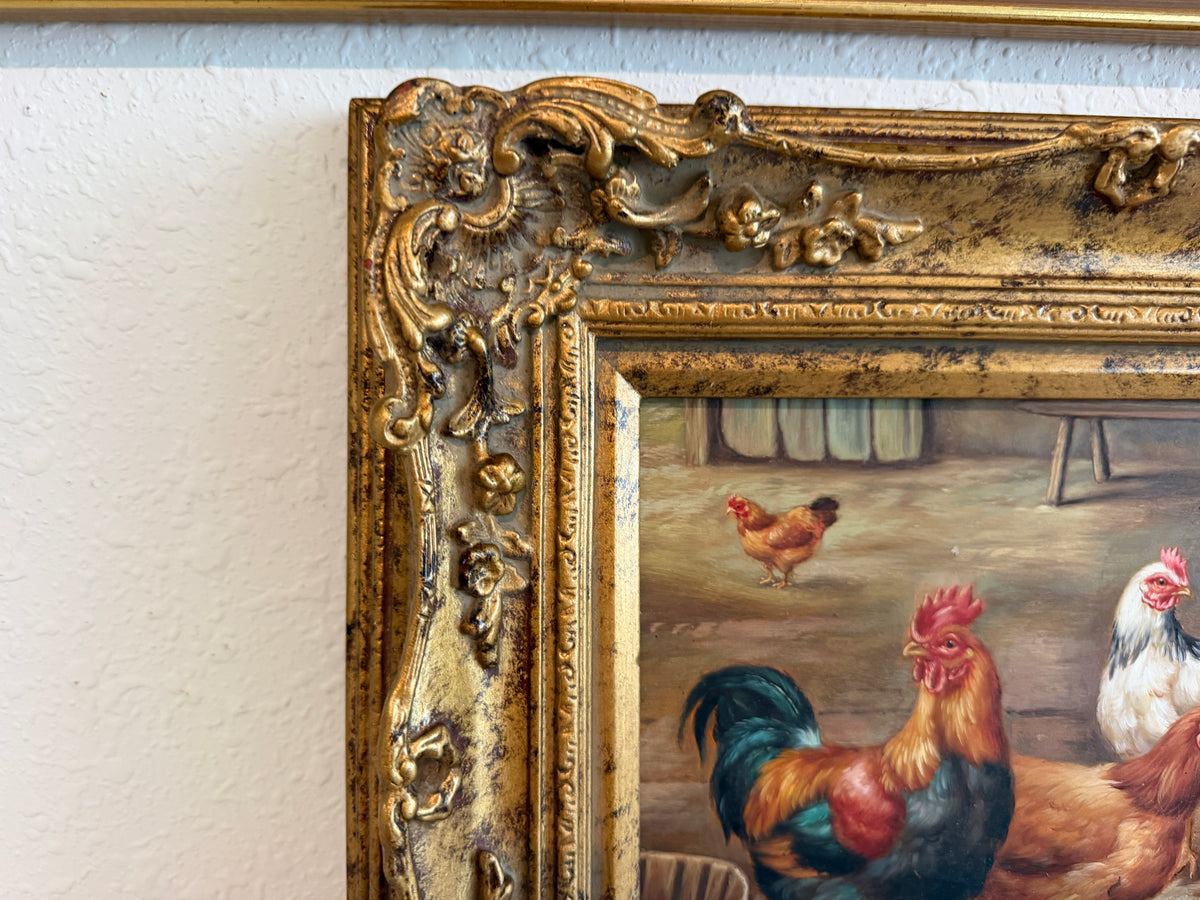 Vintage Signed Rooster and Chickens Oil Painting Farmyard Hen Scene, Gold Frame