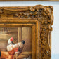 Vintage Signed Rooster and Chickens Oil Painting Farmyard Hen Scene, Gold Frame