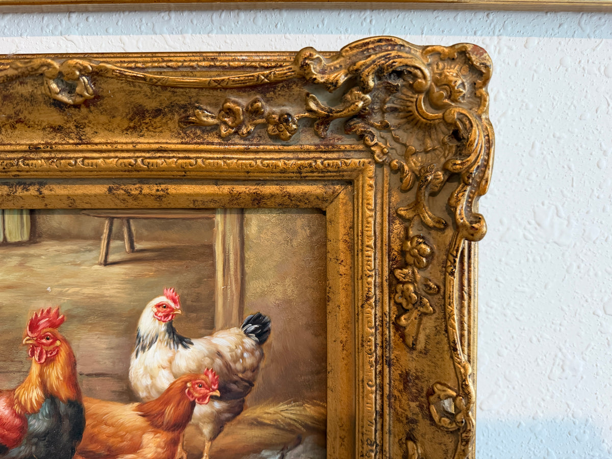 Vintage Signed Rooster and Chickens Oil Painting Farmyard Hen Scene, Gold Frame