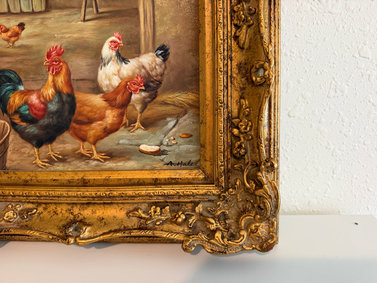 Vintage Signed Rooster and Chickens Oil Painting Farmyard Hen Scene, Gold Frame