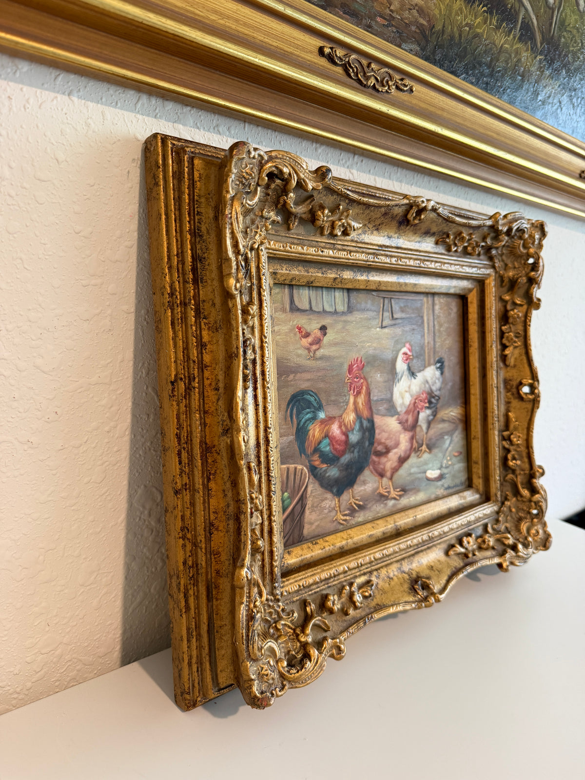 Vintage Signed Rooster and Chickens Oil Painting Farmyard Hen Scene, Gold Frame