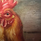 Vintage Signed Rooster and Chickens Oil Painting Farmyard Hen Scene, Gold Frame