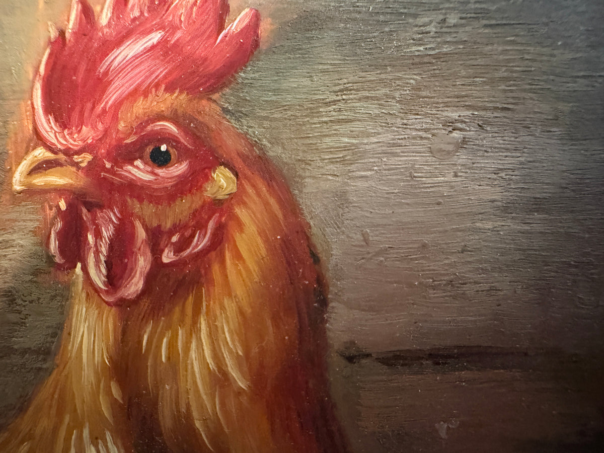 Vintage Signed Rooster and Chickens Oil Painting Farmyard Hen Scene, Gold Frame