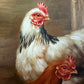 Vintage Signed Rooster and Chickens Oil Painting Farmyard Hen Scene, Gold Frame