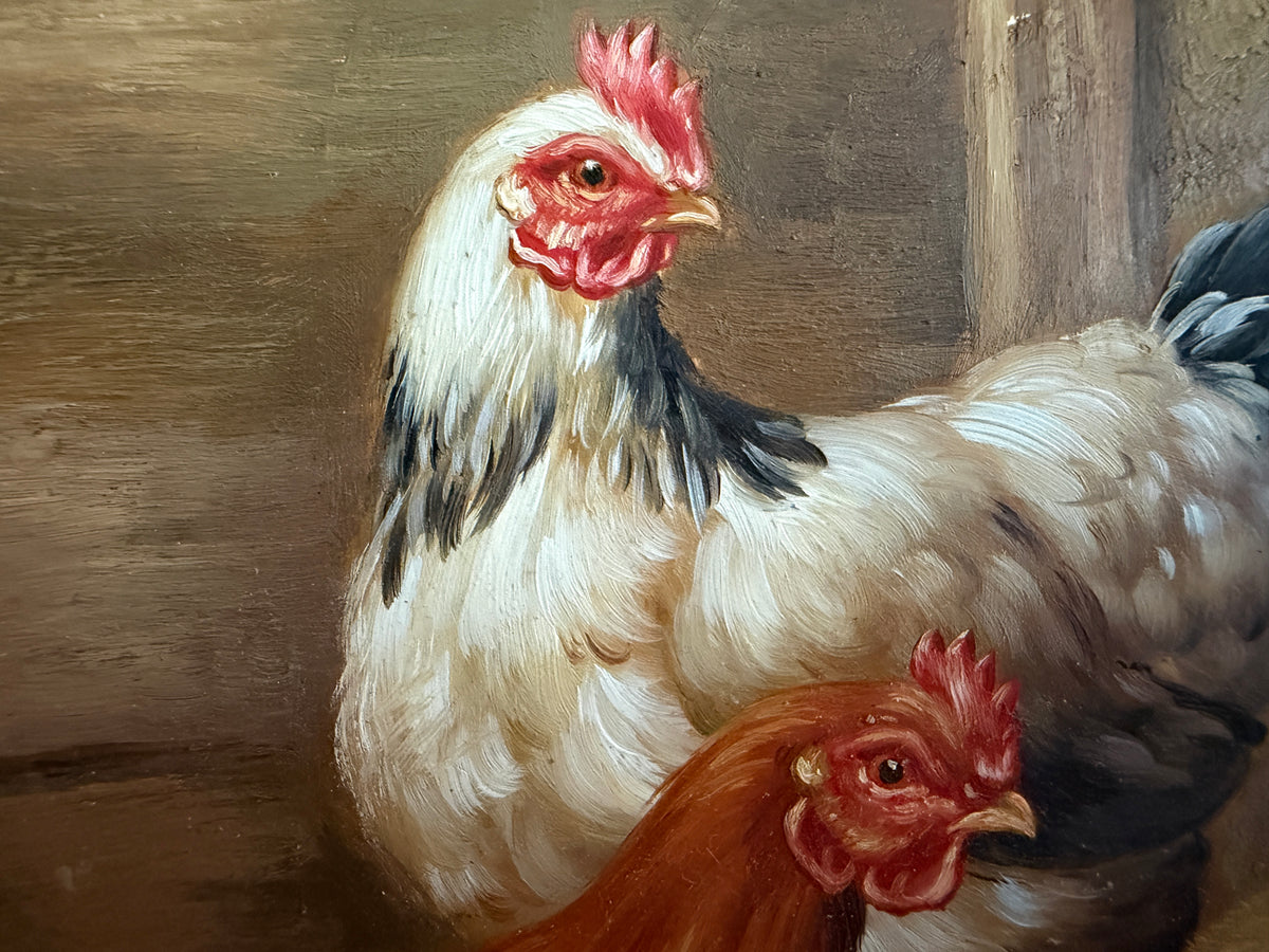 Vintage Signed Rooster and Chickens Oil Painting Farmyard Hen Scene, Gold Frame