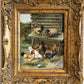 Vintage Signed Rooster and Chickens Oil Painting Farmyard Hen Scene Gold Frame