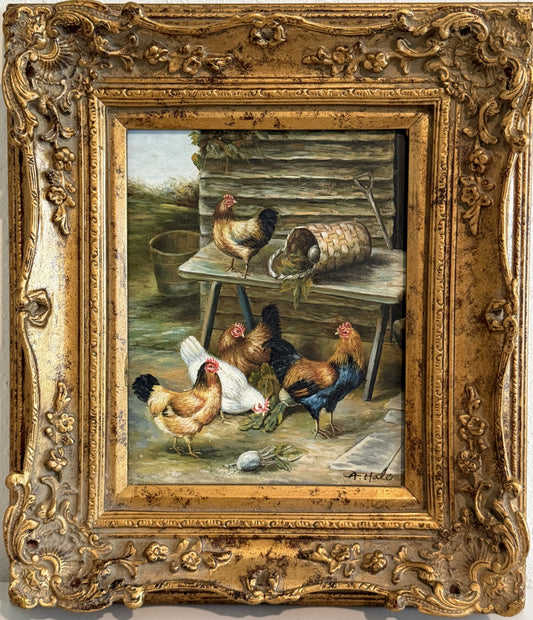 Vintage Signed Rooster and Chickens Oil Painting Farmyard Hen Scene Gold Frame