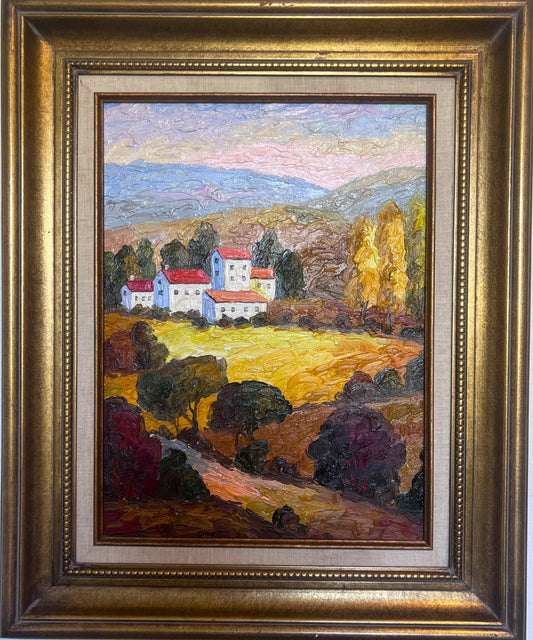 Vintage European Landscape Oil Painting | Autumn Countryside Scene | Framed